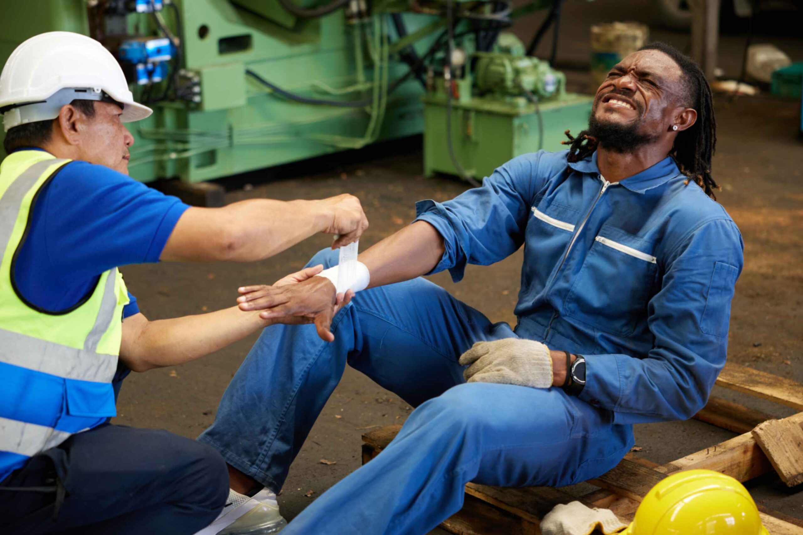 Injured worker receiving medical attention for a hand injury in a workplace setting, emphasizing the importance of workers' compensation benefits.