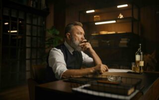 Man in a suit sitting at a desk, thoughtfully holding a cigar, with a bottle and glass nearby, in a dimly lit office setting.